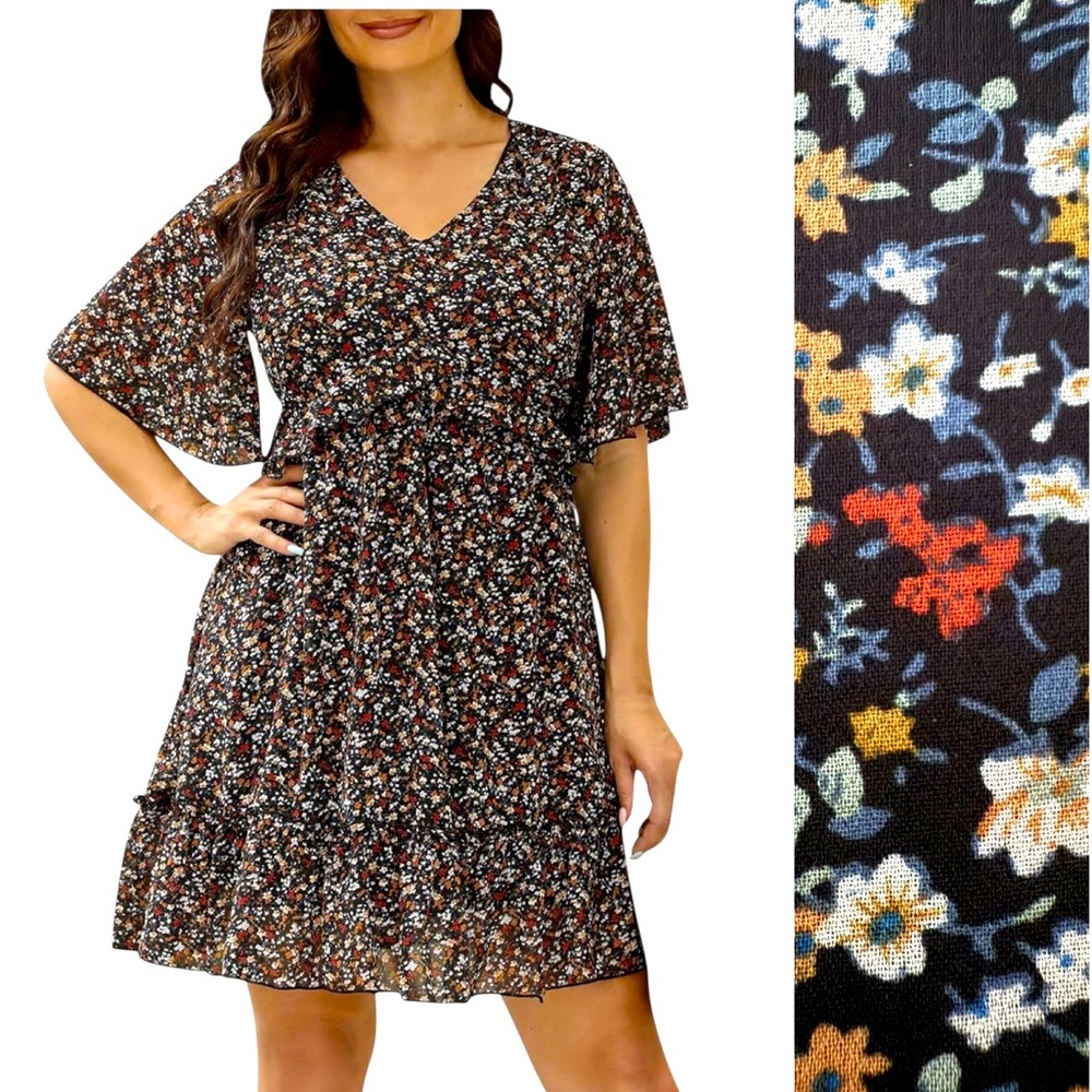 Women’s Black Ruffled Ditzy Midi Dress Flutter Sleeve Size Large Casual Party